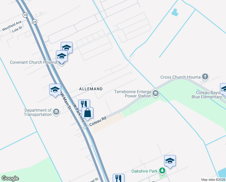 map of restaurants, bars, coffee shops, grocery stores, and more near 162 Country Boy Court in Houma