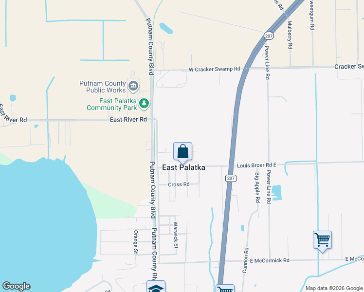 map of restaurants, bars, coffee shops, grocery stores, and more near 125 School Street in East Palatka