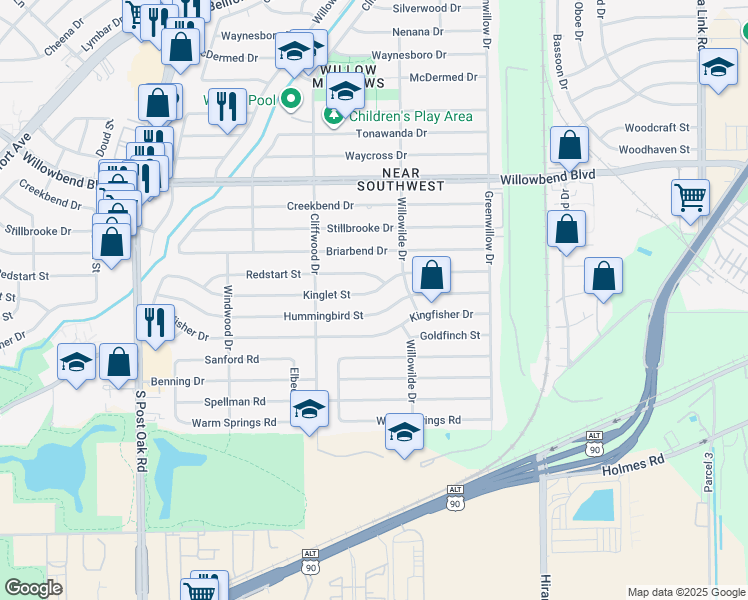 map of restaurants, bars, coffee shops, grocery stores, and more near 4530 Hummingbird Street in Houston