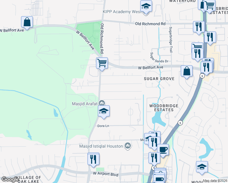 map of restaurants, bars, coffee shops, grocery stores, and more near 15307 Sam Street in Sugar Land