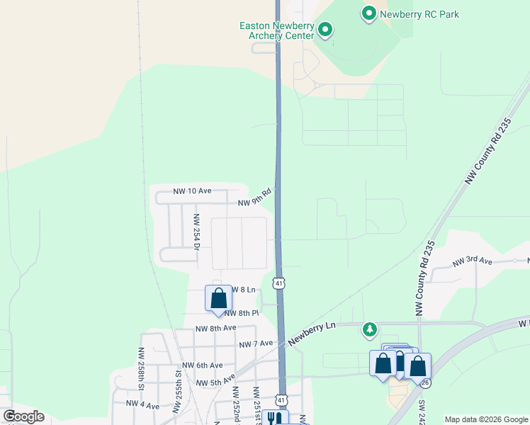 map of restaurants, bars, coffee shops, grocery stores, and more near 946 North West 250 Drive in Newberry