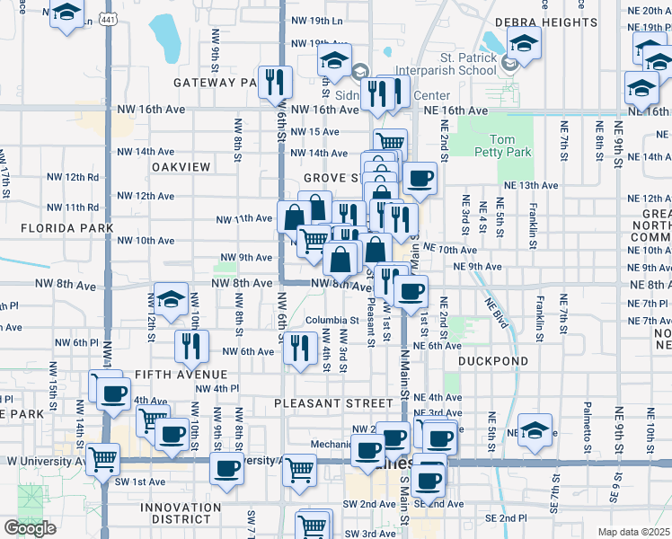 map of restaurants, bars, coffee shops, grocery stores, and more near 300 Northwest 8th Avenue in Gainesville