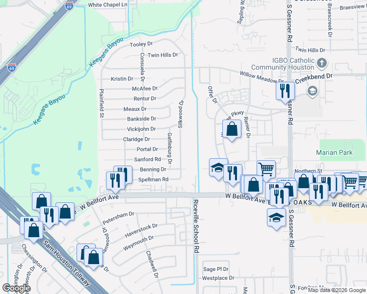 map of restaurants, bars, coffee shops, grocery stores, and more near 11006 Silkwood Drive in Houston