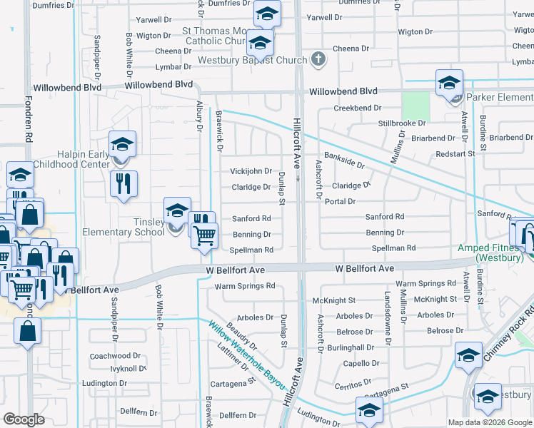 map of restaurants, bars, coffee shops, grocery stores, and more near 5939 Sanford Road in Houston