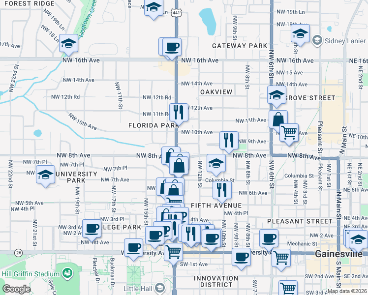 map of restaurants, bars, coffee shops, grocery stores, and more near 1222 Northwest 8th Avenue in Gainesville