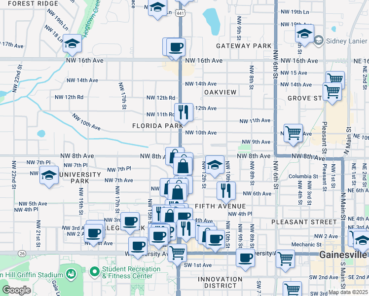 map of restaurants, bars, coffee shops, grocery stores, and more near 808 Northwest 13th Street in Gainesville