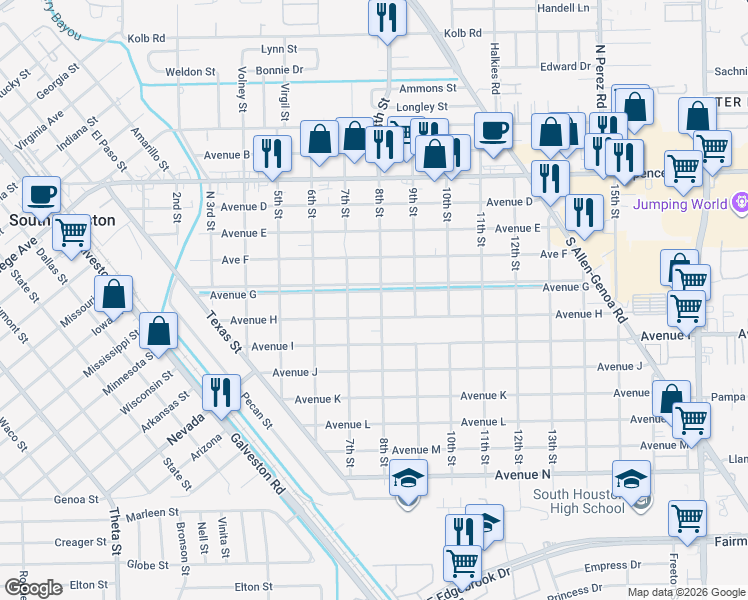 map of restaurants, bars, coffee shops, grocery stores, and more near 801 Avenue H in South Houston