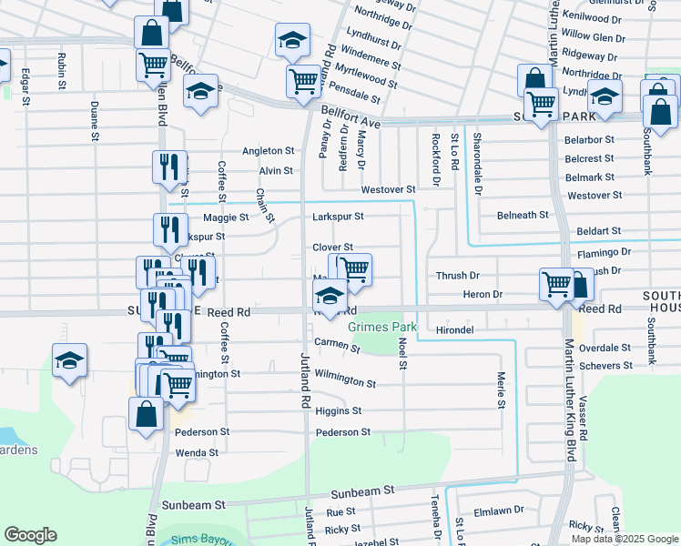 map of restaurants, bars, coffee shops, grocery stores, and more near 5026 Mallow Street in Houston