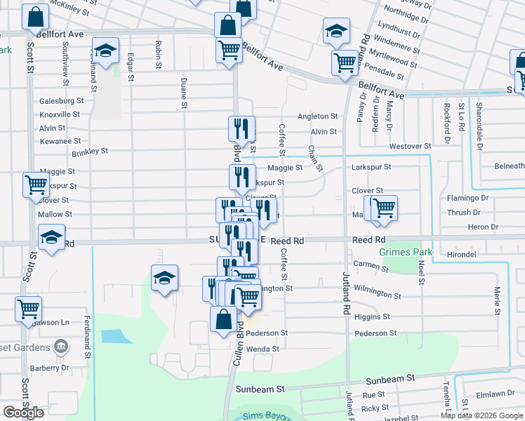 map of restaurants, bars, coffee shops, grocery stores, and more near 4742 Mallow Street in Houston