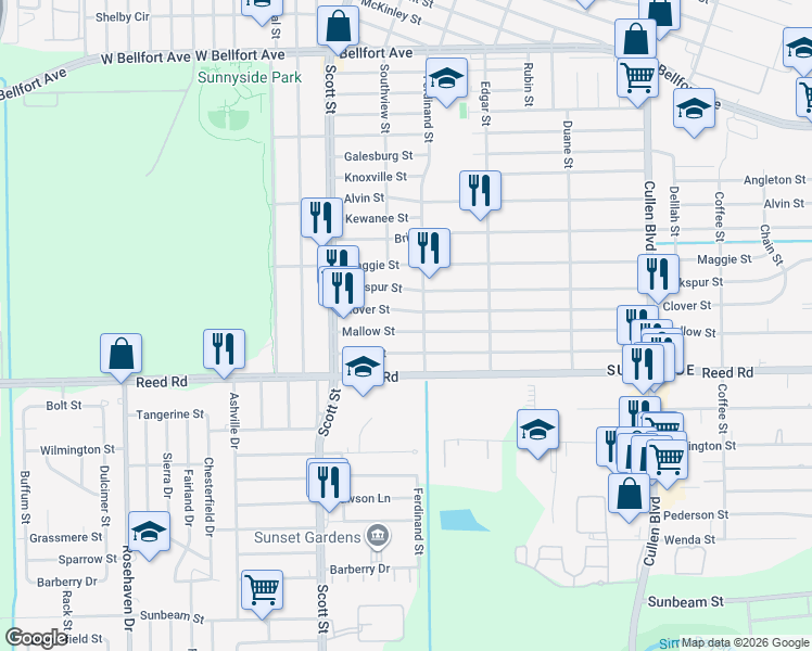 map of restaurants, bars, coffee shops, grocery stores, and more near 4206 Mallow Street in Houston