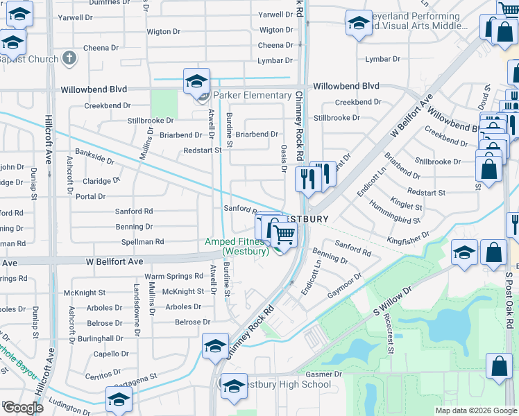 map of restaurants, bars, coffee shops, grocery stores, and more near 5415 Sanford Road in Houston
