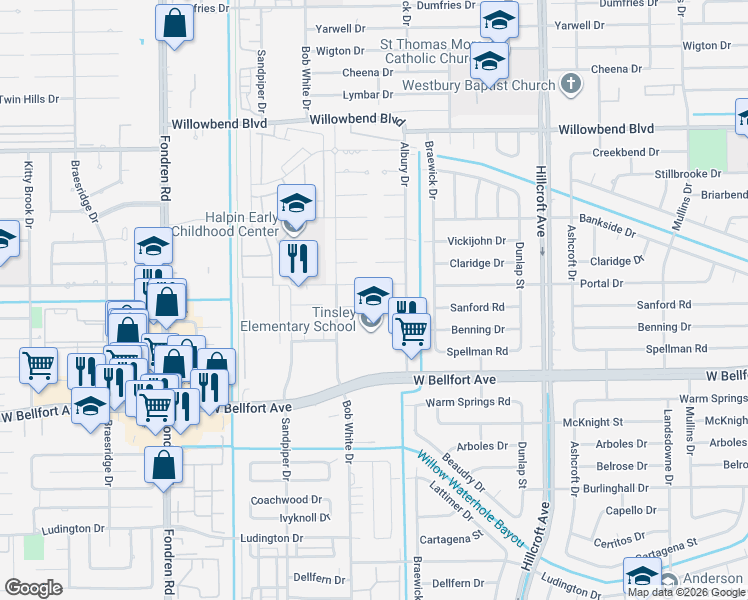 map of restaurants, bars, coffee shops, grocery stores, and more near 6115 Sanford Road in Houston
