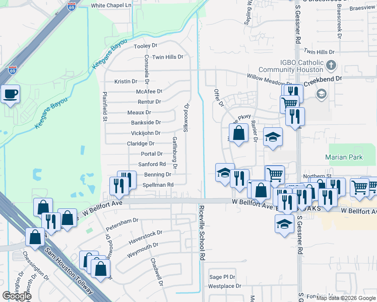 map of restaurants, bars, coffee shops, grocery stores, and more near 11006 Silkwood Drive in Houston