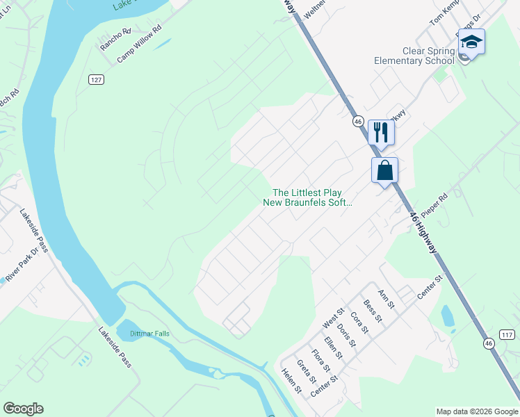 map of restaurants, bars, coffee shops, grocery stores, and more near 336 Autumn Rouge in New Braunfels