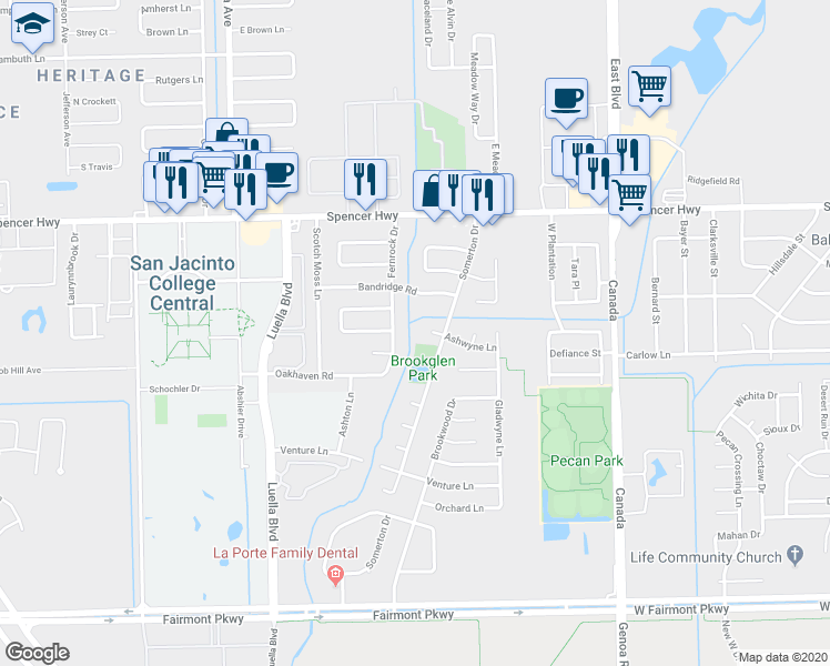 map of restaurants, bars, coffee shops, grocery stores, and more near 8702 Ashwyne Lane in La Porte