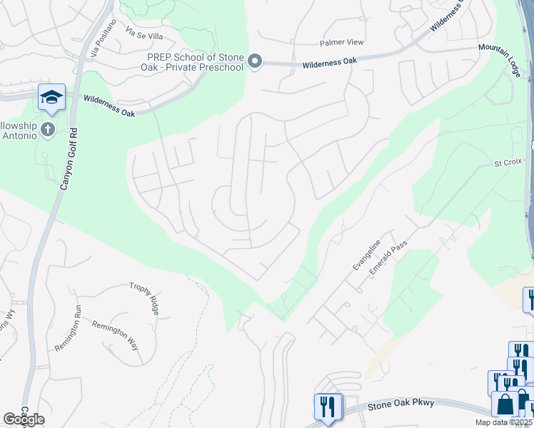 map of restaurants, bars, coffee shops, grocery stores, and more near 23447 Seven Winds in San Antonio