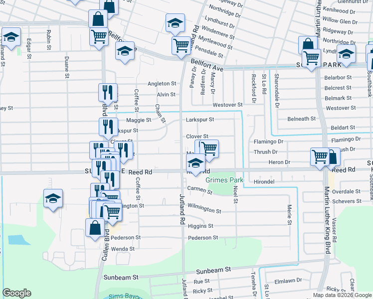 map of restaurants, bars, coffee shops, grocery stores, and more near 5005 Mallow Street in Houston