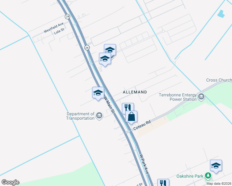 map of restaurants, bars, coffee shops, grocery stores, and more near 107 Darlene Street in Houma