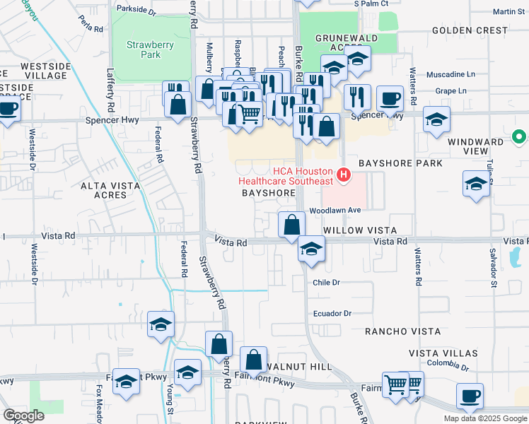 map of restaurants, bars, coffee shops, grocery stores, and more near 3400 Burke Road in Pasadena