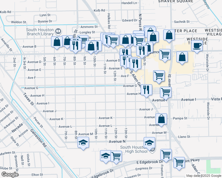 map of restaurants, bars, coffee shops, grocery stores, and more near 1101 Avenue H in South Houston