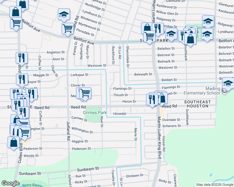 map of restaurants, bars, coffee shops, grocery stores, and more near 5503 Heron Drive in Houston