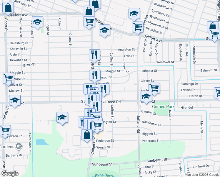 map of restaurants, bars, coffee shops, grocery stores, and more near 4742 Mallow Street in Houston