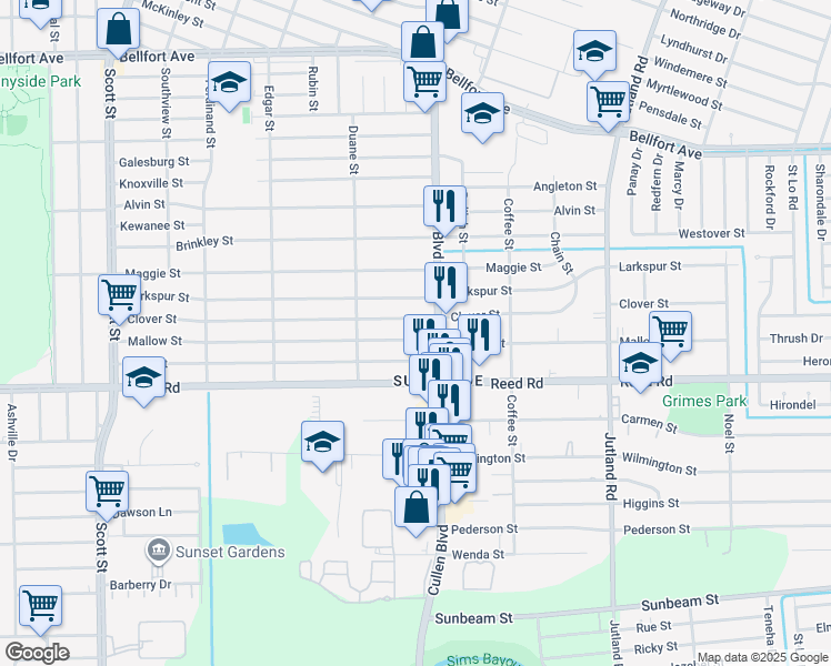 map of restaurants, bars, coffee shops, grocery stores, and more near 4649 Phlox Street in Houston