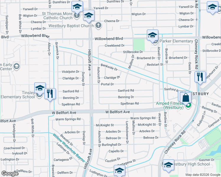 map of restaurants, bars, coffee shops, grocery stores, and more near 5807 Sanford Road in Houston