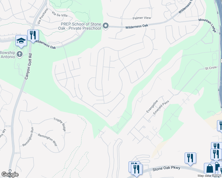 map of restaurants, bars, coffee shops, grocery stores, and more near 23447 Seven Winds in San Antonio