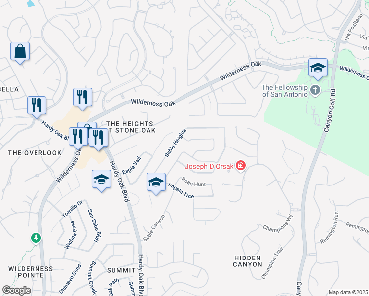 map of restaurants, bars, coffee shops, grocery stores, and more near 43 Gemsbuck Rise in San Antonio