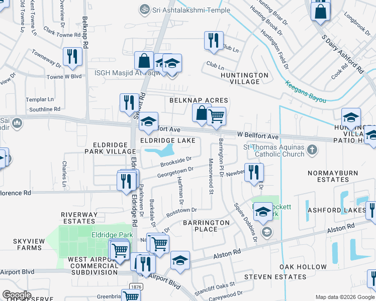 map of restaurants, bars, coffee shops, grocery stores, and more near 13130 Brookside Drive in Sugar Land