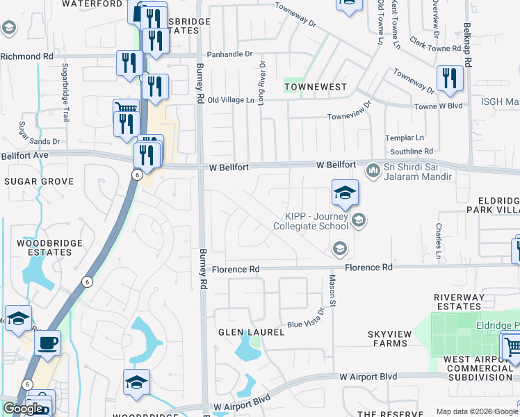 map of restaurants, bars, coffee shops, grocery stores, and more near 14114 Blue Falls Drive in Sugar Land