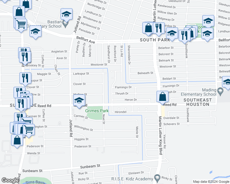 map of restaurants, bars, coffee shops, grocery stores, and more near 5407 Thrush Drive in Houston