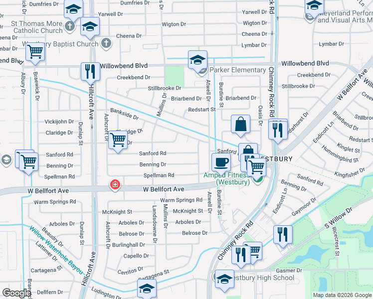 map of restaurants, bars, coffee shops, grocery stores, and more near 5531 Sanford Road in Houston