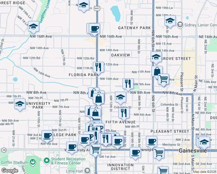 map of restaurants, bars, coffee shops, grocery stores, and more near 1205 Northwest 9th Avenue in Gainesville