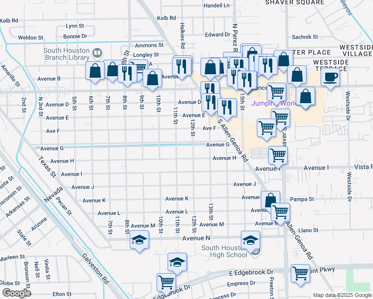 map of restaurants, bars, coffee shops, grocery stores, and more near 1101 Avenue H in South Houston