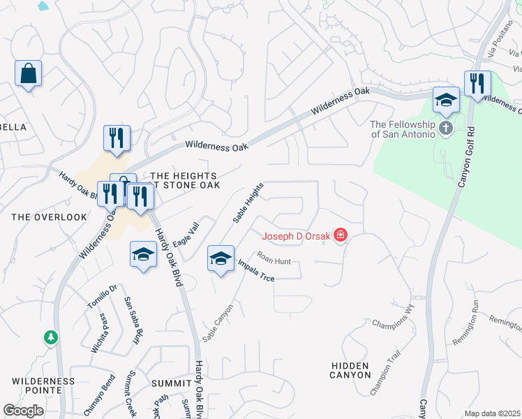 map of restaurants, bars, coffee shops, grocery stores, and more near 43 Gemsbuck Rise in San Antonio