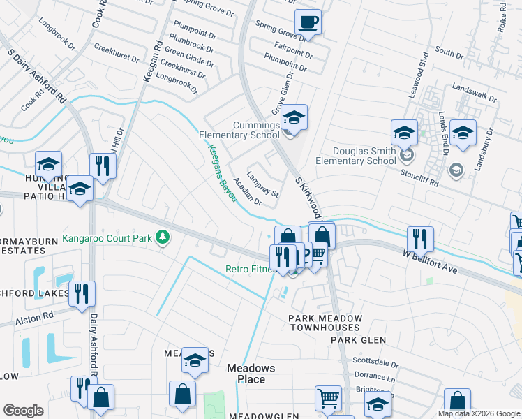 map of restaurants, bars, coffee shops, grocery stores, and more near 11904 Tambourine Drive in Stafford