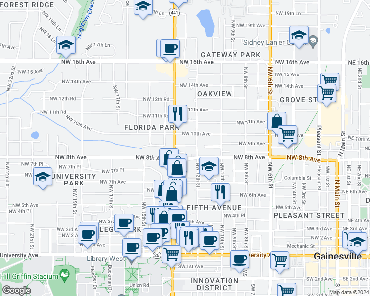 map of restaurants, bars, coffee shops, grocery stores, and more near 1231 Northwest 9th Avenue in Gainesville
