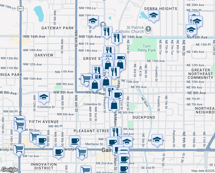map of restaurants, bars, coffee shops, grocery stores, and more near 118 Northwest 8th Avenue in Gainesville