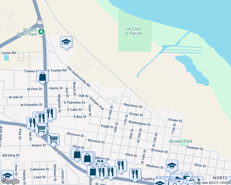 map of restaurants, bars, coffee shops, grocery stores, and more near 1100 North 19th Street in Palatka