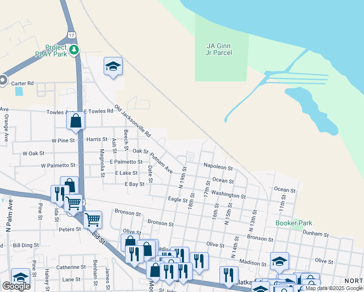 map of restaurants, bars, coffee shops, grocery stores, and more near 1100 North 19th Street in Palatka