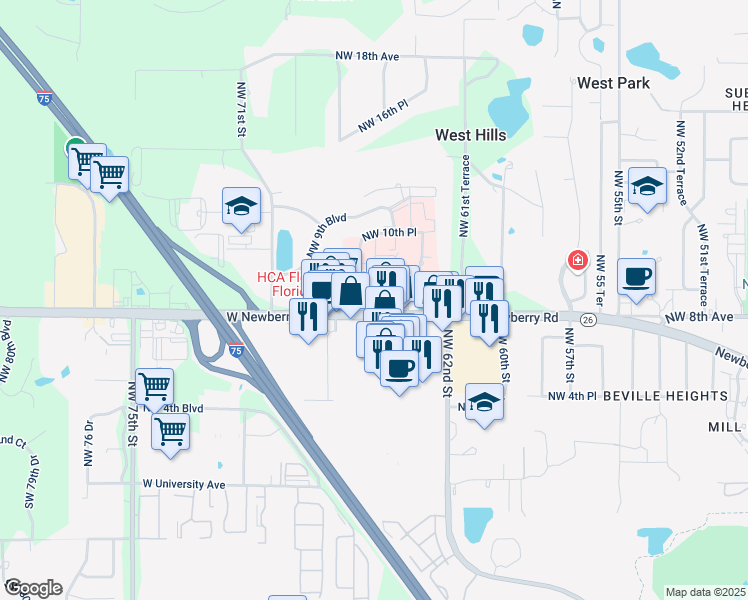 map of restaurants, bars, coffee shops, grocery stores, and more near 6440 West Newberry Road in Gainesville