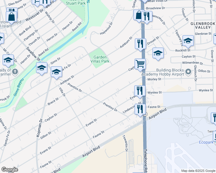 map of restaurants, bars, coffee shops, grocery stores, and more near 7338 Cayton Street in Houston