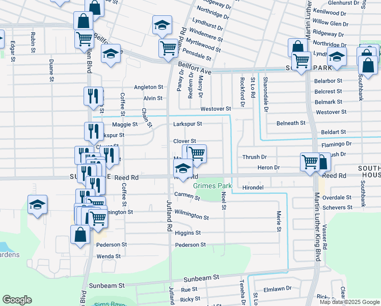map of restaurants, bars, coffee shops, grocery stores, and more near 5026 Mallow Street in Houston