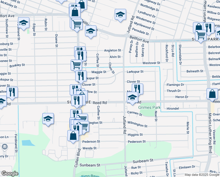 map of restaurants, bars, coffee shops, grocery stores, and more near 4906 Mallow Street in Houston
