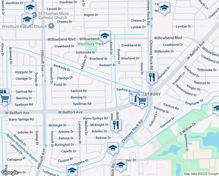 map of restaurants, bars, coffee shops, grocery stores, and more near 11106 Atwell Drive in Houston
