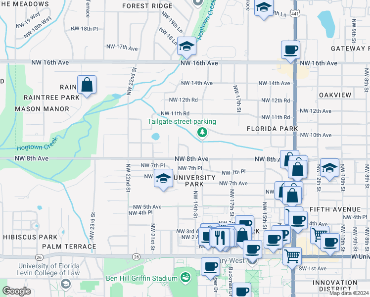 map of restaurants, bars, coffee shops, grocery stores, and more near 848 Northwest 19th Terrace in Gainesville