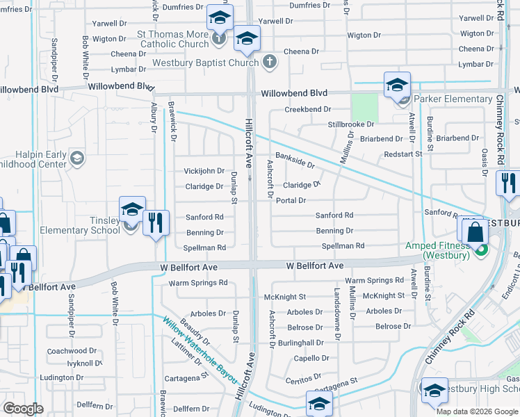 map of restaurants, bars, coffee shops, grocery stores, and more near 11019 Hillcroft Street in Houston
