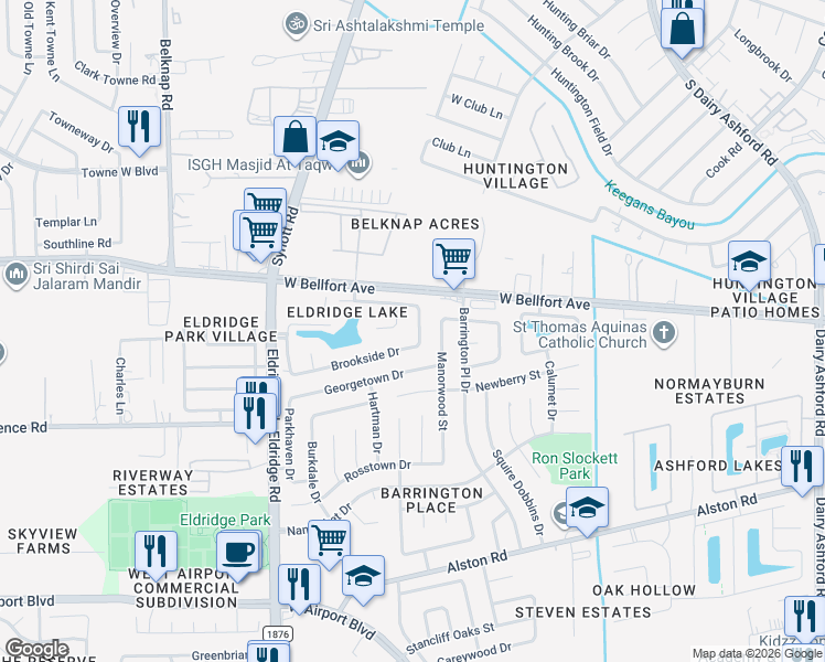 map of restaurants, bars, coffee shops, grocery stores, and more near 2602 Long Leaf Drive in Sugar Land